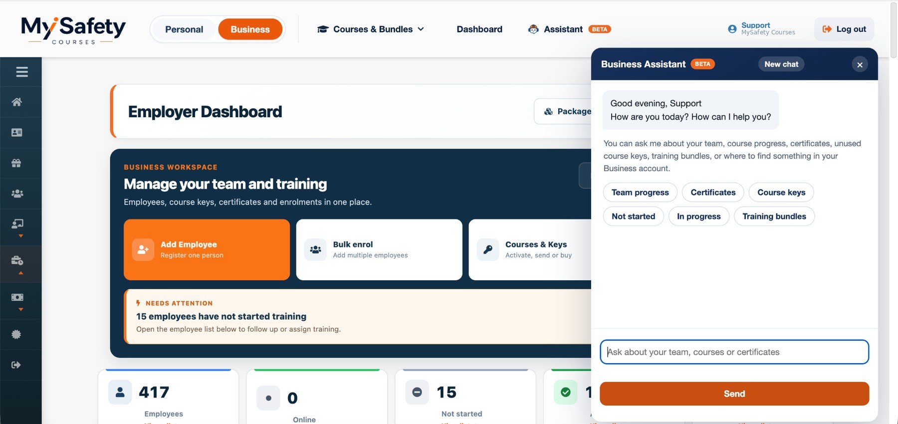 Real Safety Courses employer dashboard with Business Assistant open