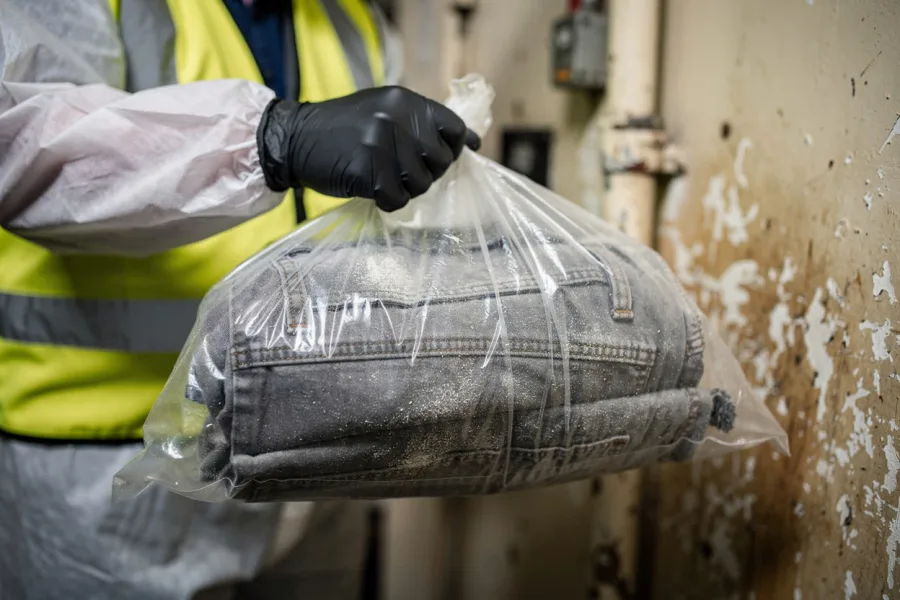 Un travailleur en gants tient un sac plastique fermé contenant des déchets