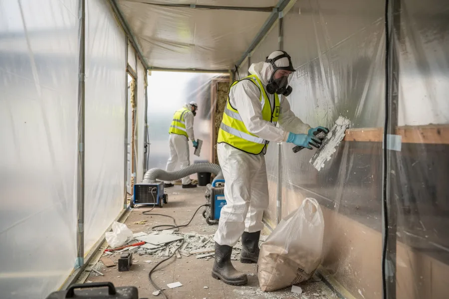 Een werknemer met adembescherming en overall werkt in een afgeschermde zone met plasticfolie