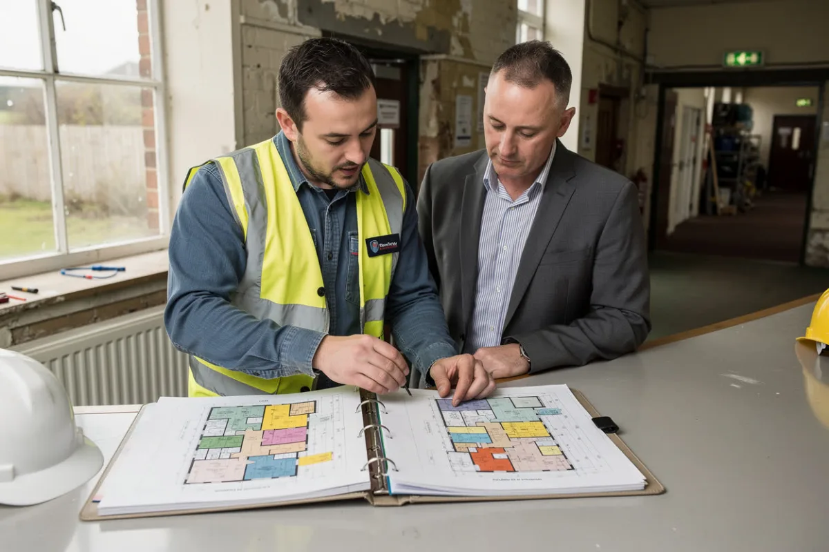 Twee collega's bekijken samen een plattegrond in een map