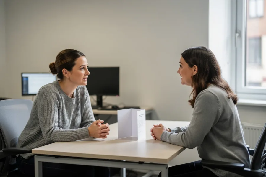 Două colege poartă o discuție la o masă într-un birou
