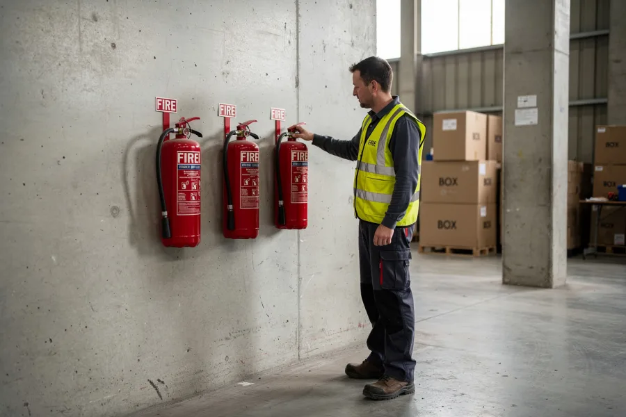 Een medewerker controleert brandblussers die aan een muur hangen