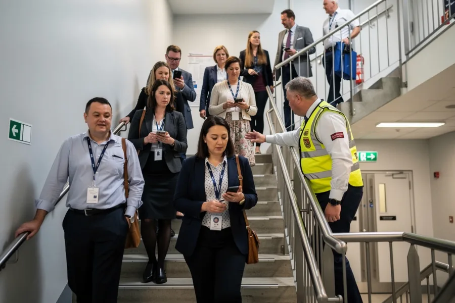 Des travailleurs descendent un escalier lors d'un exercice d'évacuation