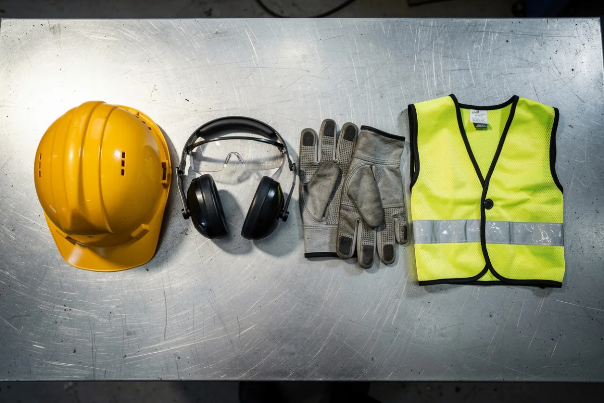 Un casque, une protection auditive, des lunettes de sécurité, des gants et un gilet fluo posés côte à côte