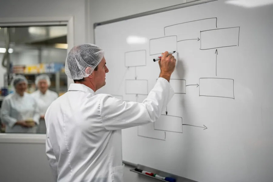 Een medewerker tekent een stroomschema op een whiteboard in een keuken