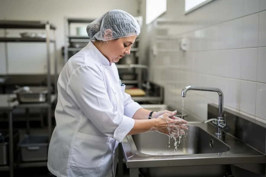 Une employée se lave les mains à un lavabo dans une cuisine