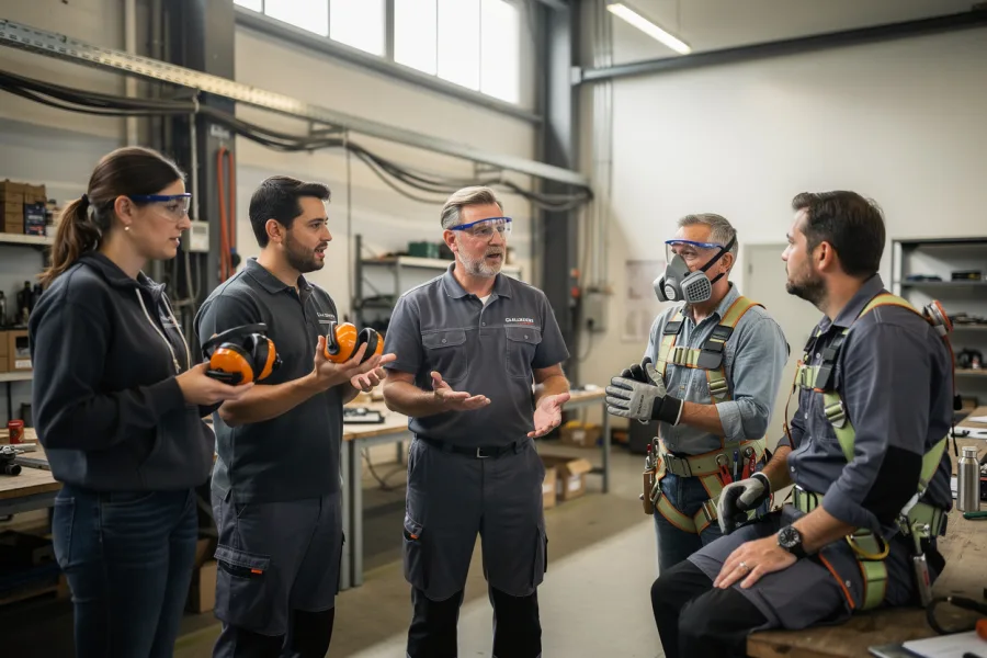 Een instructeur toont een groep werknemers hoe een masker en gehoorbescherming worden gedragen
