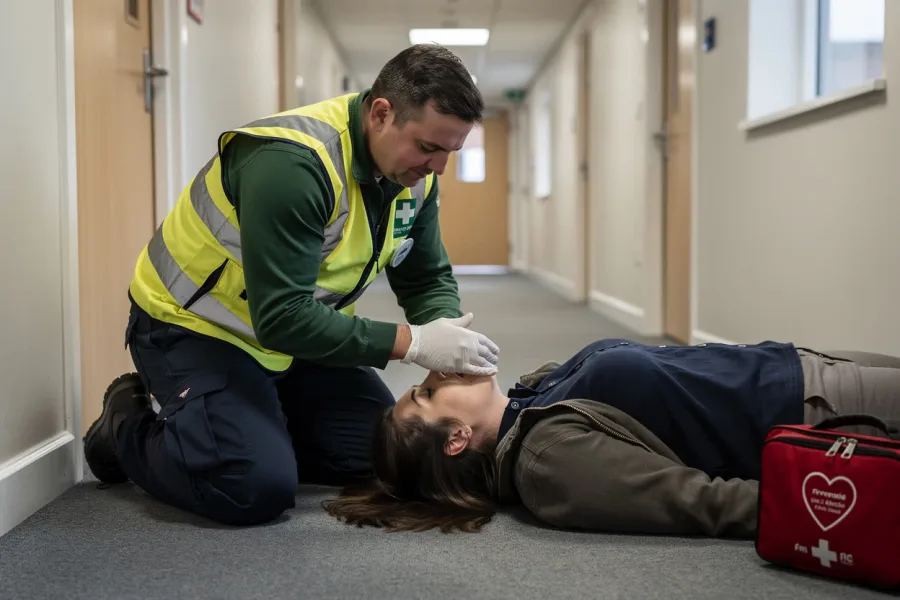 Ratownik klęczy przy leżącej osobie i sprawdza oddech