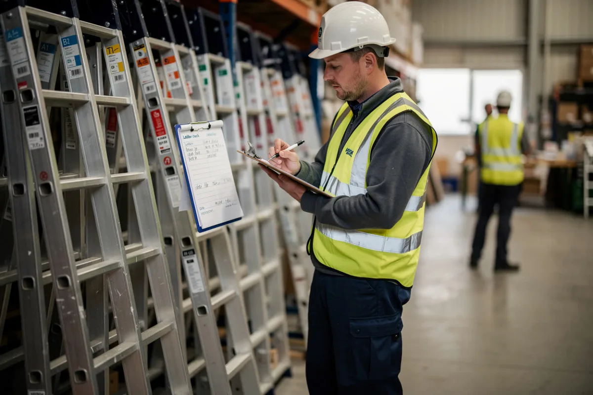 Een werknemer controleert met een klembord een rek vol ladders