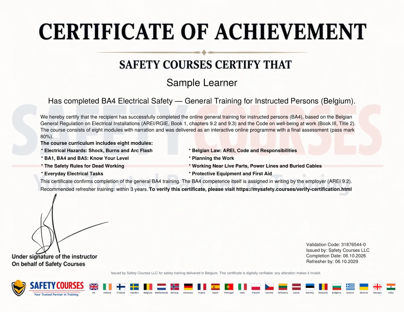 Voorbeeld van een certificaat van voltooiing dat na afloop wordt uitgereikt, met de naam van de ontvanger, de cursustitel, het cursusprogramma, een validatiecode, de regel van de instructeur en de begin- en einddatum.