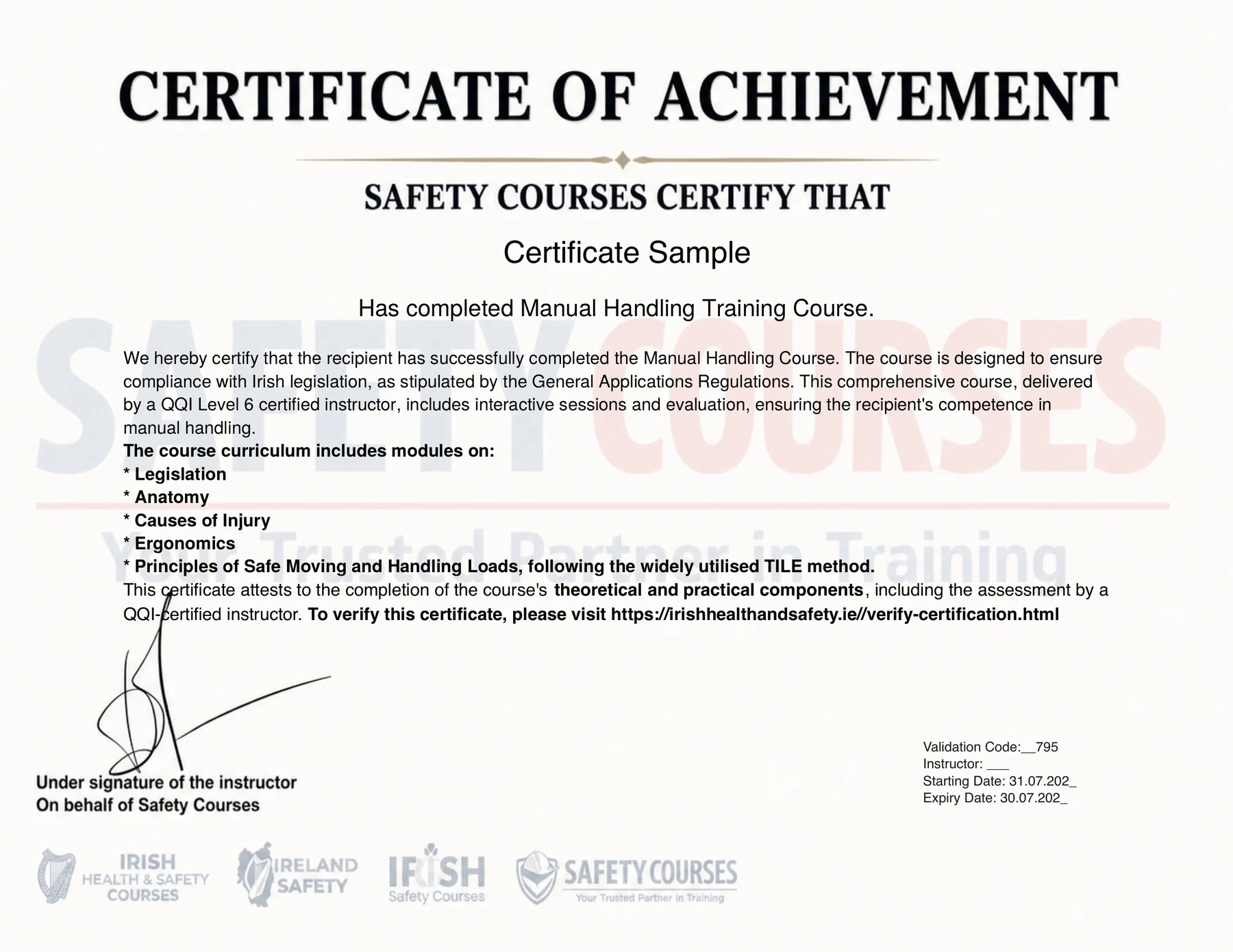 Sample manual handling Certificate of Achievement, showing the recipient name, the course title, the course curriculum, a validation code, the instructor line, the starting and expiry dates and the instructor’s signature.